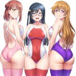  3girls :d ass ass_visible_through_thighs back black_hair blush breasts brown_hair closed_mouth competition_swimsuit covered_navel dot_nose from_behind grey_eyes groin hair_bun hand_on_another&#039;s_hip highres konoe_kanata large_breasts long_hair looking_at_viewer love_live! love_live!_nijigasaki_high_school_idol_club medium_breasts mibushiro multiple_girls one-piece_swimsuit one_side_up open_mouth pink_one-piece_swimsuit pink_theme purple_eyes purple_one-piece_swimsuit purple_thighhighs racerback red_hair red_one-piece_swimsuit red_thighhighs semi-rimless_eyewear short_hair simple_background smile straight_hair swimsuit teeth thighhighs thighs two-tone_swimsuit uehara_ayumu upper_teeth wavy_hair white_background yellow_eyes yuuki_setsuna_(love_live!) 