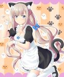  1girl alternate_costume animal_ears apron black_dress black_hairband blue_bow blue_eyes bow breasts cat_ears cat_tail dress enmaided fake_animal_ears fake_tail frilled_apron frills hair_bow hairband halloween highres kantai_collection kiryu_naoto light_brown_hair long_hair low_twintails maid maid_apron maryland_(kancolle) medium_breasts puffy_short_sleeves puffy_sleeves short_dress short_sleeves solo tail thighhighs twintails white_apron white_thighhighs wrist_cuffs 