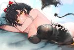  1girl bat_wings black_hair bow breasts cleavage commentary_request demon_girl demon_tail hair_bow halloween horns large_breasts looking_at_viewer lying on_side original red_bow red_hair solo tail two_tone_hair wings yaegashi_nan yellow_eyes 