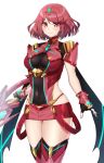  1girl aegis_sword_(xenoblade) bangs black_gloves breasts chest_jewel fingerless_gloves gloves highres hoya_kbknb47 large_breasts pyra_(xenoblade) red_eyes red_hair red_shorts short_hair short_shorts shorts solo swept_bangs sword thighhighs tiara weapon xenoblade_chronicles_(series) xenoblade_chronicles_2 