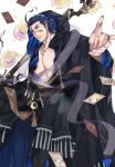  1boy animal_skull bara black_robe blue_hair card commentary dark_blue_hair earrings facial_hair foot_out_of_frame goatee highres holding holding_staff hooded_robe itaru_(kidomh63) jewelry large_pectorals long_sideburns magatama male_focus muscular muscular_male necklace open_clothes open_robe outstretched_arm parted_lips pectorals robe short_hair sideburns skull_necklace smile solo staff stubble tassel tokyo_afterschool_summoners tsukuyomi_(housamo) white_background yellow_eyes 