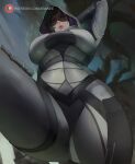  1girl alternate_breast_size araneesama arm_behind_head black_hair bodysuit breasts english_commentary from_below hand_on_own_thigh highres hood kasumi_goto large_breasts lips looking_at_viewer mass_effect_(series) mass_effect_2 paid_reward_available pov pov_crotch shaded_face short_hair solo 
