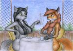 alydia_gardis anthro breasts canid canine canis convenient_censorship duo eliza_gardis female fox furniture hair hair_covering_breasts hi_res mammal nude sinaherib table traditional_media_(artwork) wolf 