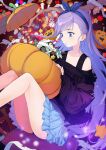  1girl bangs bird blue_eyes blue_ribbon blush breasts coffeekite fate/extra fate/extra_ccc fate/grand_order fate_(series) hair_ribbon halloween highres long_hair long_sleeves meltryllis_(fate) penguin purple_hair ribbon small_breasts solo very_long_hair 