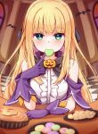  1girl animal bangs baram bare_shoulders bat_(animal) blonde_hair blurry blurry_background blush center_frills checkered_floor closed_mouth commentary depth_of_field food food_in_mouth frills gloves green_eyes hand_up highres indoors long_hair looking_at_viewer mononobe_alice mouth_hold nijisanji purple_gloves shirt sleeveless sleeveless_shirt solo very_long_hair virtual_youtuber white_shirt 