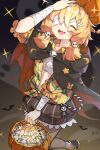  1girl :d ^_^ arknights bandage_over_one_eye bandaged_arm bandages black_cape black_pantyhose black_skirt blonde_hair bucket cape closed_eyes collared_shirt halloween_bucket halloween_costume highres holding holding_bucket kroos_(arknights) kroos_(the_mag)_(arknights) ling_yu_(15974115107) official_alternate_costume open_clothes open_mouth open_shirt orange_shirt pantyhose plaid plaid_shirt sarashi shirt skirt smile solo teeth upper_teeth 