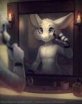  2019 anthro blue_eyes brush cheek_tuft closed_smile dated depth_of_field dragon facial_tuft front_view fur furred_dragon glistening glistening_eyes head_tuft hi_res inside looking_at_self male minnow_(lemonynade) mirror mouth_closed mylafox nude paint painting signature solo standing tuft white_body white_fur 