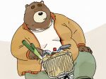  2022 anthro belly bicycle big_belly black_eyes black_nose bottomwear brown_body clothing dot_eyes hi_res humanoid_hands kemono male mammal overweight overweight_male pants pommn_mn shirt sitting solo topwear ursid 
