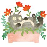  animal animal_focus cat flower flower_pot full_body grey_cat in_container leaf looking_at_viewer no_humans no_lineart original plant potted_plant red_flower sh0wk0 simple_background slit_pupils solo white_background 
