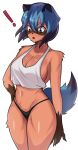  absurd_res anthro big_breasts blue_body blue_eyes blue_hair blush brand_new_animal breasts brown_body brown_fur canid canine clothed clothing dipstick_hair dipstick_tail exclamation_point female fluffy fur glistening glistening_body glistening_breasts gloves_(marking) hair hi_res mammal markings michiru_kagemori nyapii raccoon_dog shoulder_tuft solo studio_trigger tail_markings tanuki topwear tuft white_clothing 