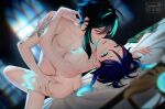  2boys anal androgynous aqua_eyes aqua_hair arm_tattoo arms_around_neck bangs bed bite_mark bite_mark_on_chest bite_mark_on_shoulder black_hair blue_hair blush braid chest_tattoo closed_eyes commentary completely_nude cum cum_on_bed deviantart_logo deymara english_commentary genshin_impact glowing_tattoo gradient_hair hand_on_another&#039;s_thigh highres instagram_logo kiss leg_tattoo lying male_focus missionary multicolored_hair multiple_boys nipples nude on_back on_bed open_mouth sex short_hair short_hair_with_long_locks signature tattoo toned toned_male twin_braids twitter_logo two-tone_hair venti_(genshin_impact) xiao_(genshin_impact) yaoi 