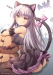  1girl animal_ears arm_garter arm_rest ass bang_dream! bangs bare_shoulders bare_tree bat_(animal) black_gloves black_hairband black_panties black_shirt black_skirt black_thighhighs blush bow breasts cat_ears cat_tail celtic_cross checkered_background clothes_lift commentary_request cross crossed_arms fake_animal_ears fake_tail fishnet_top fishnets floral_print frilled_skirt frills from_side gloves gradient gradient_background grey_background grey_hair hair_between_eyes hairband halloween high_heels jack-o&#039;-lantern lace-trimmed_panties lace_trim lifted_by_tail light_particles long_hair looking_at_viewer looking_to_the_side minato_yukina miniskirt official_alternate_costume panties parted_lips pleated_skirt print_panties print_thighhighs purple_bow purple_footwear shindoi_akio shirt shoe_soles shoes silhouette sitting skirt skirt_lift sleeveless sleeveless_shirt small_breasts solo sparkle tail tail_bow tail_ornament thighhighs tree twitter_username two-tone_background underwear very_long_hair white_background yellow_eyes yokozuwari 