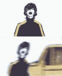  1boy black_hair car car_crash chainsaw_man ground_vehicle highres kick_back_(music_video) kobeni&#039;s_car_(chainsaw_man) looking_at_viewer monochrome motor_vehicle real_life roundbee roundbee08 short_hair simple_background solo spot_color track_suit white_background yonezu_kenshi_(person) 