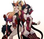  2girls b.d bangs bare_shoulders blonde_hair blush bob_cut breasts eyeliner facial_mark fate/grand_order fate_(series) forehead forehead_mark grin hair_pulled_back halloween_costume highres horns ibaraki_douji_(fate) long_hair looking_at_viewer makeup multiple_girls oni oni_horns purple_eyes purple_hair short_hair shuten_douji_(fate) skin-covered_horns small_breasts smile tattoo white_background yellow_eyes 