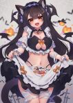  1girl :d absurdres animal animal_ear_fluff animal_ears apron apron_basket bandaged_arm bandaged_leg bandages bangs bat_(animal) black_hair black_headwear black_skirt black_wings bow breasts cat_ears cat_girl cat_tail cleavage cleavage_cutout clothing_cutout collarbone commentary_request ear_piercing frilled_apron frilled_skirt frills grey_background hair_between_eyes hair_ornament halloween hat head_wings highres hinata_(user_rjkt4745) jack-o&#039;-lantern long_hair looking_at_viewer medium_breasts mini_wings nail_art navel orange_bow original piercing puffy_short_sleeves puffy_sleeves purple_bow red_eyes ribbon-trimmed_apron ribbon_trim short_sleeves silk skirt smile solo spider_web striped striped_bow tail very_long_hair white_apron wings witch_hat wrist_cuffs 