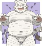  anthro belly bulge felid fur halloween hi_res holidays licho_(tas) lifewonders male mammal moobs mummy_costume mummy_wrappings navel overweight pantherine ptcmtr solo tiger tokyo_afterschool_summoners video_games white_body white_fur 