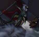  anthro assassin black_and_yellow_body claws clothing coat dagger dragon female fog foggy glowing glowing_eyes green_clothing green_dagger hood horn kobold ksatti male melee_weapon red_flag scalie solo topwear weapon white_horn yellow_eyes 