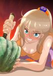  1girl absurdres arms_on_table bangs blonde_hair blue_eyes blush breasts check_commentary cleavage clenched_teeth commentary commentary_request cutting denim eyelashes food gourd halloween highres holding holding_food holding_knife holding_vegetable jeans knife large_breasts leaning_forward looking_at_food original pants ponytail purple_pants red_background sakurai708 sidelocks solo spread_legs stab sweat table tearing_up teeth vegetable 