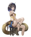  1girl absurdres ahoge arknights arm_strap bandeau bangs bare_arms bare_legs bare_shoulders barefoot black_hair blue_eyes blue_hairband blunt_bangs commentary_request eunectes_(arknights) hairband highres medium_hair pointy_ears shenqi_xiao_hong_zai_nali simple_background sitting snake_tail solo tail thighs white_background 