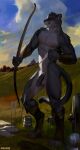  2022 abs anthro archery armor arrow_(weapon) balls boots bracers castle chunie clothing cougar detailed_background digital_media_(artwork) felid feline footwear foreskin genitals hi_res holding_bow_(weapon) humanoid_genitalia humanoid_penis keg looking_at_viewer male mammal mostly_nude muscular muscular_male nipples nude outside partially_retracted_foreskin penis ranged_weapon smile solo tankard weapon 
