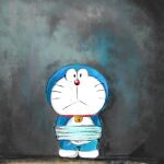  1:1 2022 anthro bell blue_body blue_fur bound collar domestic_cat doraemon doraemon_(character) felid feline felis floor frown fur looking_at_viewer machine male mammal mouth_closed mt_tg red_collar red_nose robot rope shaded solo standing wall_(structure) whiskers white_body white_fur 