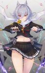  1girl animal_ears artillery azur_lane black_serafuku black_shirt black_skirt cowboy_shot dog_ears hair_between_eyes highres holding holding_sword holding_weapon lightning long_sleeves looking_at_viewer maya_(azur_lane) midriff miniskirt navel pleated_skirt rigging sakura_empire_(emblem) scarf school_uniform serafuku sheath sheathed shirt short_hair skirt solo sword turret waa!_okami weapon white_hair white_scarf yellow_eyes 