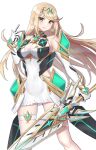  1girl aegis_sword_(xenoblade) bangs bare_legs bare_shoulders blonde_hair breasts chest_jewel cleavage cleavage_cutout clothing_cutout dress earrings elbow_gloves gloves highres hoya_kbknb47 jewelry large_breasts long_hair mythra_(xenoblade) short_dress solo swept_bangs thigh_strap tiara very_long_hair white_dress white_gloves xenoblade_chronicles_(series) xenoblade_chronicles_2 yellow_eyes 