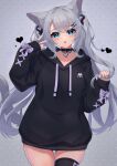  1girl :o absurdres animal_ear_fluff animal_ears bangs black_collar black_hoodie black_thighhighs blue_eyes bow cat_ears collar collarbone drawstring ear_piercing grey_background grey_hair hands_up heart highres hinata_(user_rjkt4745) hood hood_down hoodie jewelry long_hair long_sleeves looking_at_viewer nail_polish original parted_lips piercing polka_dot polka_dot_background puffy_long_sleeves puffy_sleeves purple_bow purple_nails ring simple_background skindentation solo thighhighs twintails very_long_hair 