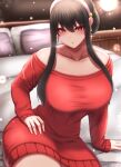  1girl absurdres bangs black_hair blush breasts collarbone dress earrings hair_ornament hairband highres jewelry large_breasts long_hair long_sleeves looking_at_viewer on_bed parted_lips pillow red_eyes sidelocks solo spy_x_family sweater sweater_dress yor_briar zetsuhei_no_roran 