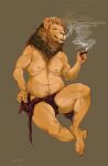  anthro cigar felid hi_res lion male mammal molvno mostly_nude pantherine simple_background slightly_chubby smoking smoking_cigar smoking_tobacco solo 