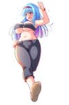  1girl armpits bangs bare_arms black_pants black_tube_top blue_hair blunt_bangs blush breasts c.r. commentary_request curvy gradient_hair hairband highres jogging large_breasts long_hair multicolored_hair navel open_mouth original pants purple_eyes purple_hair simple_background solo stomach strapless teeth track_pants tube_top two-tone_hair underboob upper_teeth watch white_background wristwatch 