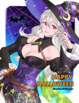  1girl breasts cleavage corrin_(fire_emblem) corrin_(fire_emblem)_(female) earrings fire_emblem fire_emblem_fates fire_emblem_heroes hair_between_eyes hairband halloween halloween_costume hat highres jewelry large_breasts long_hair official_alternate_costume pointy_ears red_eyes smile tombsakura wavy_hair white_hair witch witch_hat 