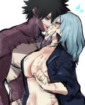  1boy 1girl absurdres black_hair black_jacket blue_eyes boku_no_hero_academia breasts burn_scar burnt cleavage dabi_(boku_no_hero_academia) face-to-face forehead-to-forehead genderswap genderswap_(mtf) grey_hair hair_between_eyes heads_together highres imminent_kiss jacket kurenaiz1 large_breasts long_hair looking_at_another medium_hair messy_hair midriff muscular muscular_male open_mouth piercing popped_collar red_eyes revealing_clothes scar shigaraki_tomura simple_background slap_mark stitched_face stitches tongue tongue_out topless_male white_background 
