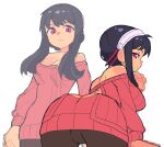  1girl ass bangs bent_over black_hair black_pants breasts cleavage earrings hairband jewelry large_breasts long_sleeves looking_at_viewer looking_back multiple_views off-shoulder_sweater off_shoulder pants pink_sweater red_eyes sidelocks sketch slammo solo spy_x_family sweater upper_body white_background white_hairband yor_briar 