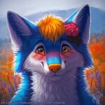  1:1 2019 accessory ambiguous_gender blue_body blue_fur blush canid dated facial_markings flower flower_in_hair front_view fur glistening glistening_eyes hair hair_accessory head_markings headshot_portrait hi_res looking_at_viewer mammal markings mountain mouth_closed mylafox orange_eyes orange_hair orange_nose outside pink_flower plant portrait short_hair signature solo text url whiskers white_body white_fur 