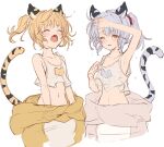  2girls animal_ears arm_up ayacho bai_(granblue_fantasy) bangs bare_shoulders blonde_hair blush breasts camisole cleavage crop_top fang granblue_fantasy grey_hair highres huang_(granblue_fantasy) looking_at_viewer multiple_girls navel one_eye_closed raised_eyebrows shirt short_hair sketch skin_fang small_breasts sweat tail tiger_ears tiger_tail twintails undressing wearable_sleeping_bag white_background white_shirt wiping_sweat 