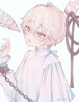  1boy 1other absurdres androgynous baby_bottle blush bottle chain crying crying_with_eyes_open cuffs handcuffs highres long_sleeves male_child male_focus mio_(niufog) niufog open_mouth original pink_eyes pink_hair restrained shirt short_hair solo tears white_background white_shirt 