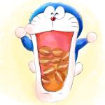  1:1 2022 anthro blue_body blue_fur domestic_cat doraemon doraemon_(character) dorayaki eyes_closed felid feline felis food front_view fur machine male mammal mt_tg open_mouth raised_arms red_nose robot shaded simple_background solo standing whiskers white_body white_fur 