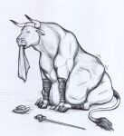  after_vore belly big_belly bovid bovine cattle clothing duo feral feral_pred grayffo hat headgear headwear horn leg_wrap male male_pred mammal melee_weapon sitting sword tail_wraps thatgryphonguy traditional_media_(artwork) unwilling_prey vore weapon wraps 