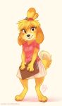  2020 animal_crossing anthro blonde_hair bottomwear canid canine canis clipboard clothed clothing dated domestic_dog eyelashes female front_view full-length_portrait fur glistening glistening_eyes hair hair_bell hi_res holding_clipboard holding_object isabelle_(animal_crossing) looking_at_viewer mammal mylafox nintendo orange_body orange_eyes orange_fur pink_clothing pink_topwear portrait signature simple_background skirt smile solo standing text topwear url video_games white_background white_bottomwear white_clothing white_skirt yellow_body yellow_fur 
