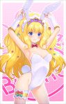  1girl absurdres animal_ears armpits arms_up bangs blonde_hair blue_eyes blunt_bangs blush bow bowtie breasts cleavage commentary_request cure_finale delicious_party_precure detached_collar elbow_gloves gloves highres kasai_amane kazuma_muramasa long_hair looking_at_viewer playboy_bunny precure rabbit_ears solo thigh_strap white_gloves 