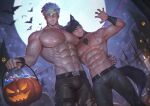  2boys abs animal_ears bat_(animal) belt black_hair black_nails candy castle denim dog_tags food halloween hug jeans jewelry large_pectorals leather leather_belt looking_at_viewer lying_on_person male_focus moon multiple_boys muscular muscular_male necklace nickakito night night_sky nipples one_eye_closed original outdoors pants pectorals pumpkin short_hair sky smile spiked_hair star_(sky) starry_sky stomach_tattoo tattoo thick_arms white_hair wristband 