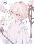 1boy 1other absurdres androgynous baby_bottle blush bottle chain crying crying_with_eyes_open cuffs handcuffs heart highres long_sleeves male_child male_focus mio_(niufog) niufog open_mouth original pink_eyes pink_hair restrained shirt short_hair solo tears translation_request white_background white_shirt 