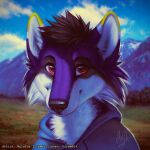  1:1 2020 anthro artist_name black_body black_fur black_hair blue_clothing blue_topwear bust_portrait canid cheek_tuft closed_smile clothed clothing dipstick_ears facial_tuft front_view fur glistening glistening_eyes hair hi_res looking_at_viewer male mammal mountain mouth_closed multicolored_ears mylafox neck_tuft outside portrait purple_body purple_fur red_eyes short_hair signature solo topwear tuft white_body white_fur 