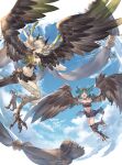  2girls ayacho bandeau bird_legs breasts claws cleavage closed_mouth cloud commission elil_(granblue_fantasy) fang fang_out feathered_wings flying granblue_fantasy green_hair hair_intakes hair_over_one_eye harpy head_wings highres horns indie_virtual_youtuber lincoro long_hair monster_girl multiple_girls navel open_mouth pubic_tattoo short_hair shorts skeb_commission small_breasts talons tattoo tiara very_long_hair wings 