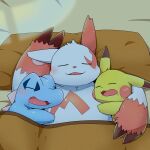  anthro bed bedding blanket blue_body blue_scales blush cuddling fur furniture generation_1_pokemon generation_2_pokemon generation_3_pokemon group hi_res male nintendo pikachu pokemon pokemon_(species) scales size_difference sleeping tatu_wani_(artist) totodile trio video_games white_body white_fur yellow_body yellow_fur zangoose 