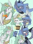  anthro beverage crown drunk english_text equid equine female friendship_is_magic group hasbro hi_res horn horse kiss_mark kissing mammal murid murine my_little_pony noupu1115 princess_celestia_(mlp) princess_luna_(mlp) rat rodent simple_background substance_intoxication text tongue tongue_out trio wings 