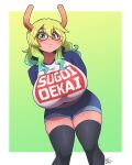  1girl bespectacled black_thighhighs blonde_hair blue_eyes blue_shorts breasts clothes_writing cosplay denim denim_shorts dragon_girl dragon_horns glasses gradient_hair green_eyes green_hair heterochromia highres horns huge_breasts kobayashi-san_chi_no_maidragon long_hair lucoa_(maidragon) meme_attire mrsakai multicolored_hair raglan_sleeves red-framed_eyewear romaji_text short_shorts shorts smile solo sugoi_dekai thighhighs unusually_open_eyes uzaki-chan_wa_asobitai! uzaki_hana uzaki_hana_(cosplay) yellow_pupils 