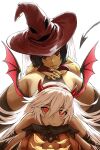  2girls bare_shoulders black_gloves black_hair bob_cut demon_girl demon_horns demon_tail demon_wings fake_horns fake_tail fake_wings gloves guilty_gear guilty_gear_xrd hairband halloween halloween_costume haraya_manawari hat highres horns i-no jack-o&#039;_challenge jack-o&#039;_valentine long_hair looking_at_viewer multicolored_hair multiple_girls pumpkin red_eyes shaded_face short_hair sidelocks skindentation smile tail thick_thighs thighhighs thighs top-down_bottom-up white_hair wings witch witch_hat 