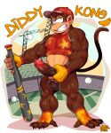  absurd_res anthro baseball_bat bat_(object) biped bodily_fluids clothing crop_top desfrog diddy_kong donkey_kong_(series) erection fingerless_gloves genital_fluids genitals gloves half_naked handwear haplorhine hat headgear headwear hi_res looking_at_viewer male mammal monkey nintendo penis precum primate shirt solo stadium topwear video_games 